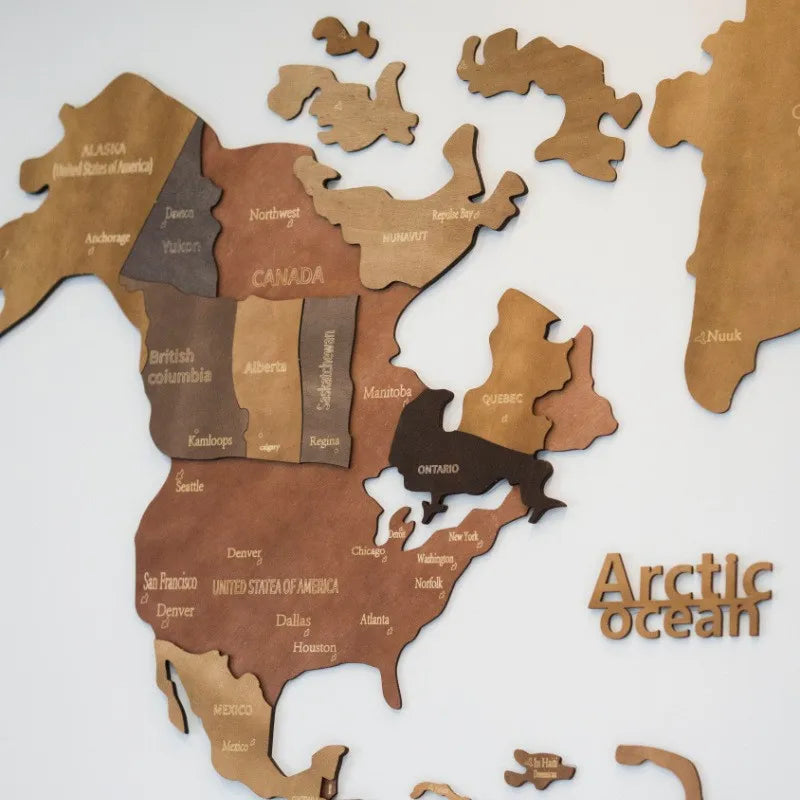 autocollants bois carte monde abstraite géographique marron clair continents pays villes bateau avion arctique