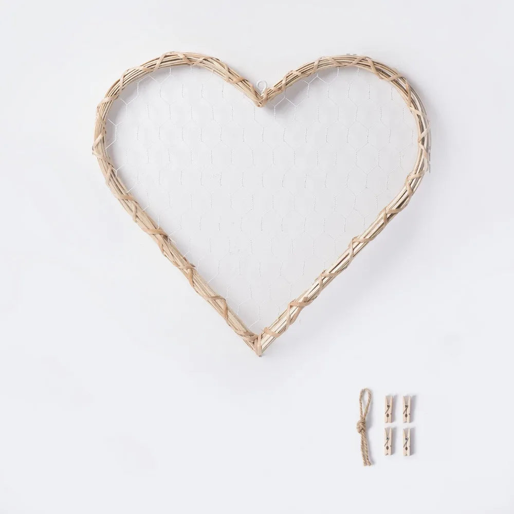 cadre mural tressé rustique boho chic forme cœur naturel clips ruban noir