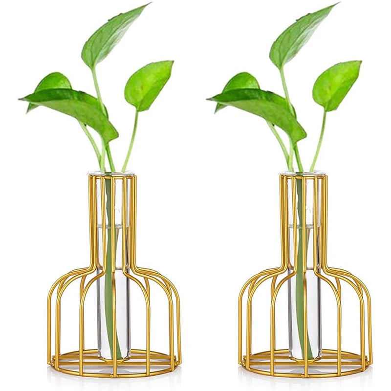 vase moderne minimaliste métal transparent verre décoration florale contemporain structure ajourée dorée élégante intérieur