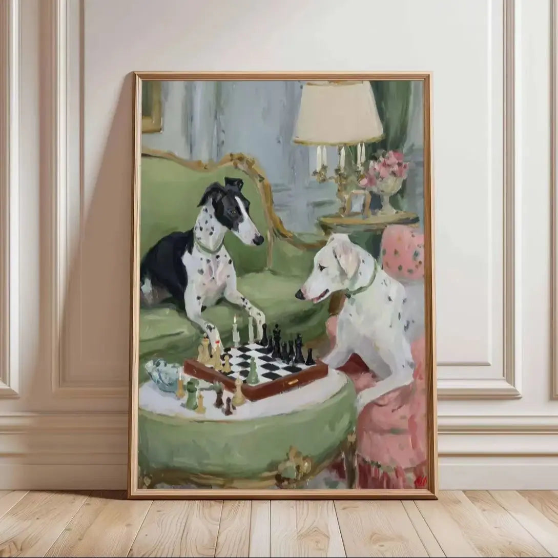 tableau chien whippet dalmatien échecs décoration murale classique peinture huile animaux intérieur vintage original