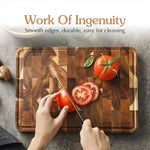 planches découper bois acacia rectangle rustique blocs hachage tomates basilic champignons sel ail