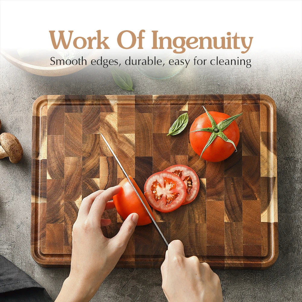 planches découper bois acacia rectangle rustique blocs hachage tomates basilic champignons sel ail