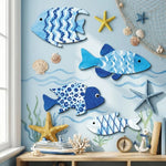 décoration murale poissons bois marin bord mer vieilli abstrait océan nautique étoiles coquillages filets