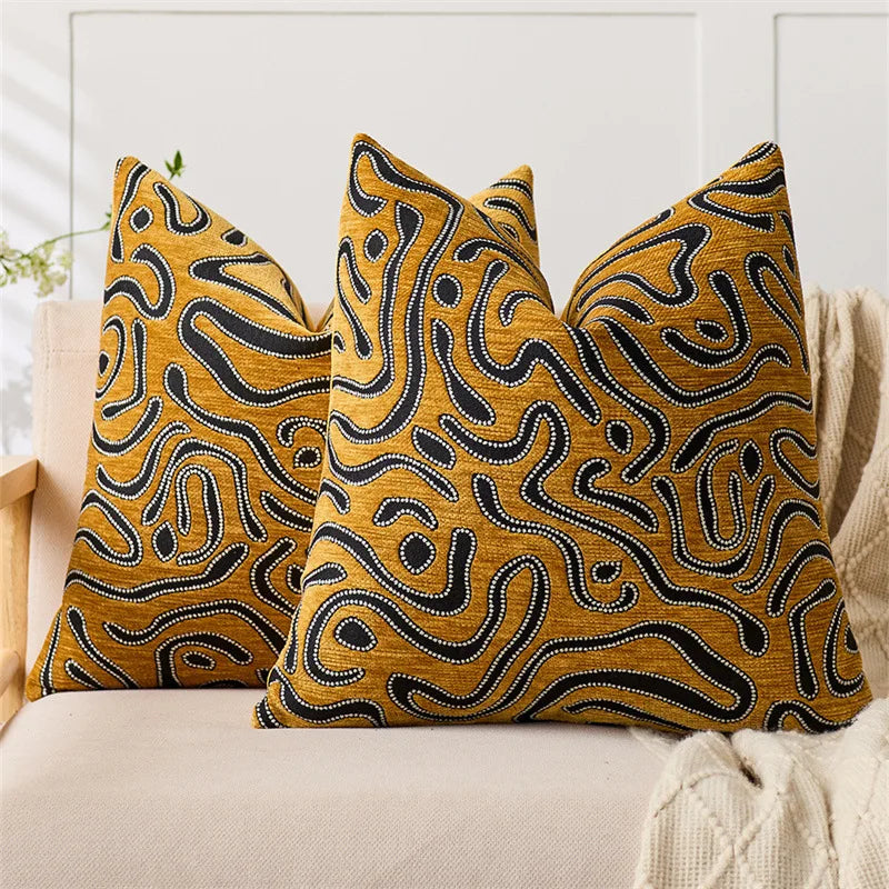 lot deux housses coussin chenille motif abstrait moderne canapé salon décoratif