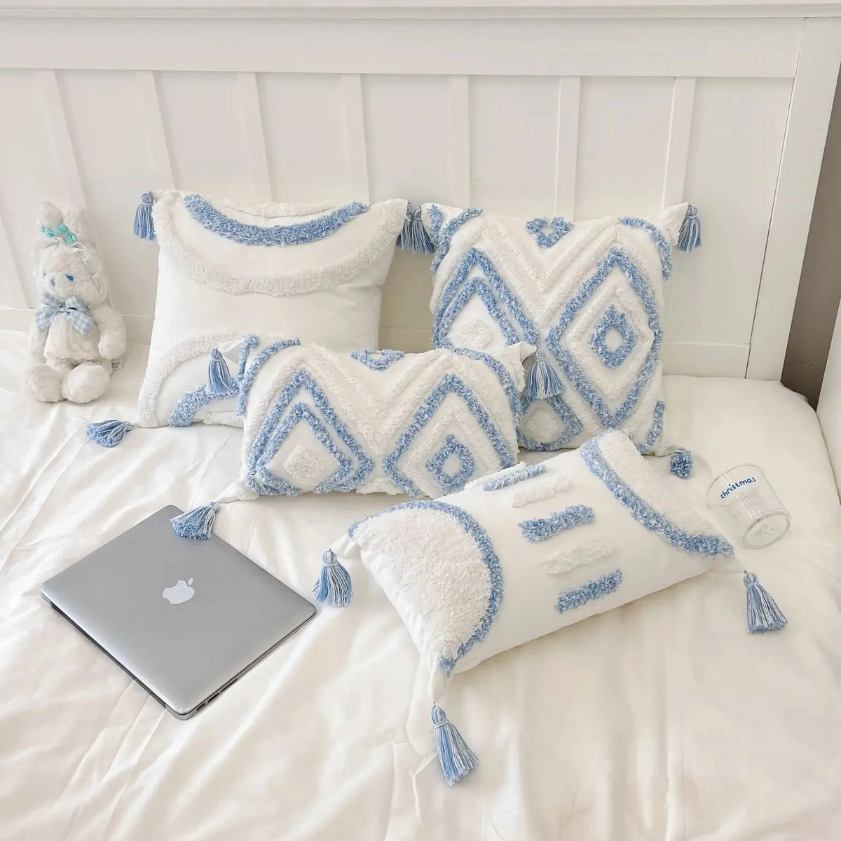 coussins bohèmes 3d franges taies d'oreiller décoratives géométriques brodés moderne blanc bleu clair polyester