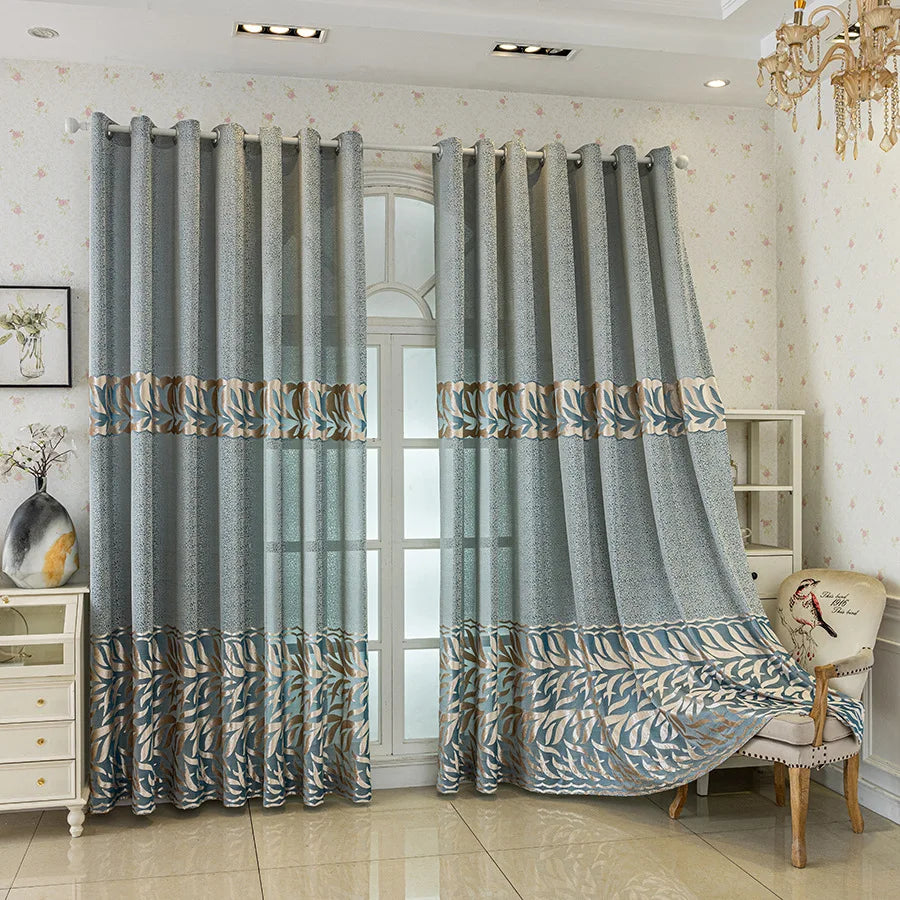 rideau bleu clair feuilles dorées semi transparent moderne élégant salon chambre coucher hospitalité