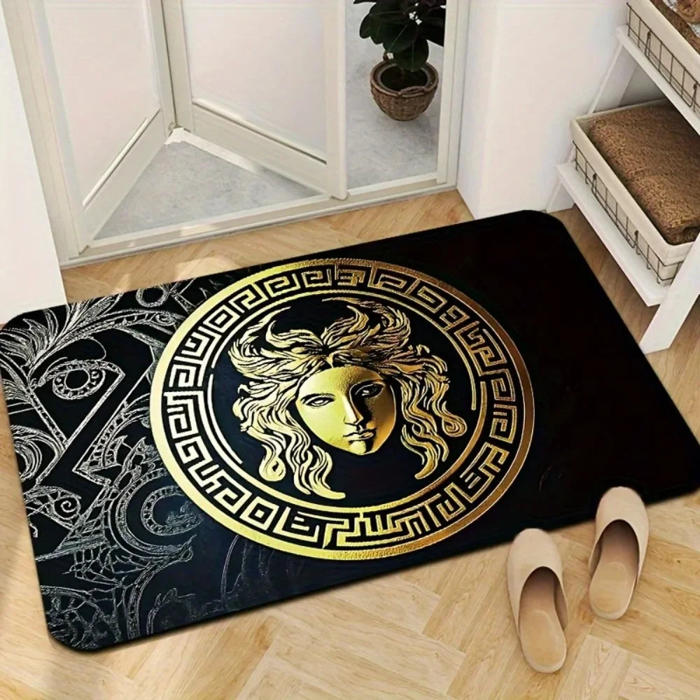 tapis sol noir doré ornement grec floral antidérapant résistant décoloration polyester élégant maison camping