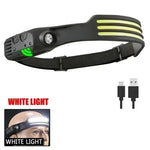 lampe frontale rechargeable led noir blanc rouge jaune rayures horizontales induction lumineuse modes ipx4