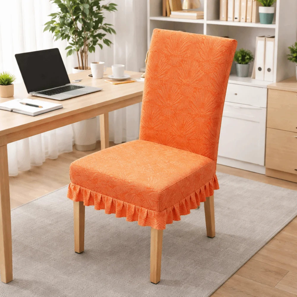 Housse chaise moderne feuilles stylisées beige orange vert bleu foncé gris bleu clair polyester