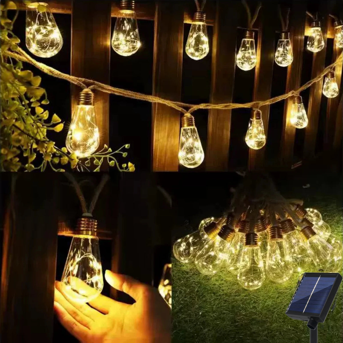guirlande lumineuse solaire 16 ampoules vintage transparente marron clair bohèmeextérieur