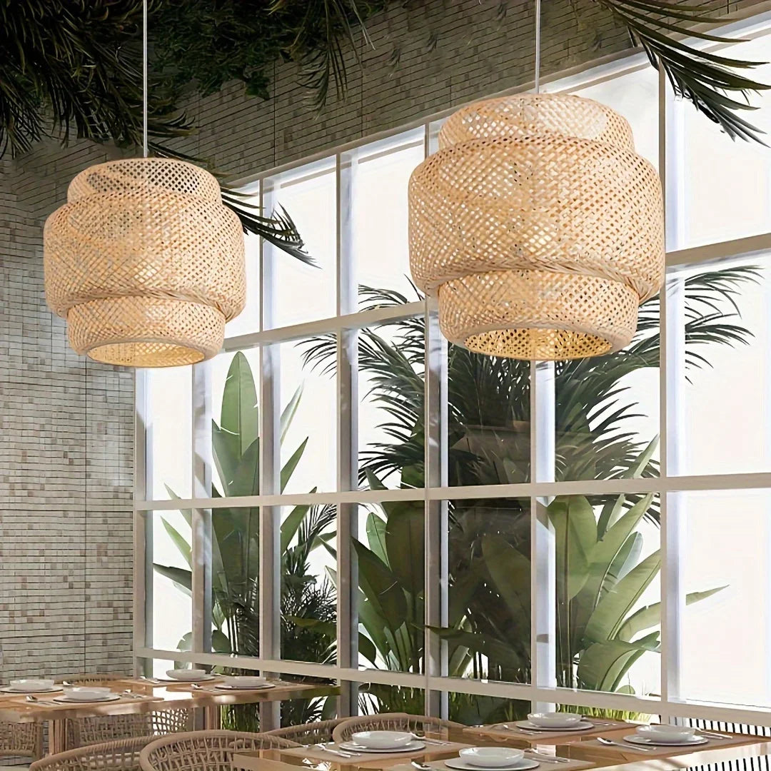 plafonnier suspendu bambou tressé niveaux 30cm rustique bohème semi transparent chambre cuisine farmhouse