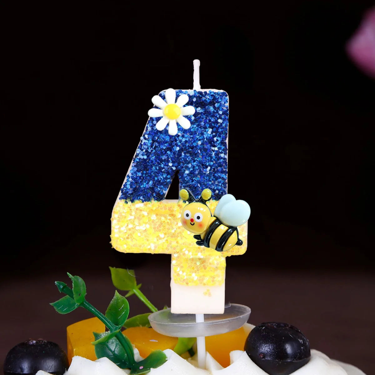 bougies anniversaire chiffres paillettes bleu jaune motifs fleurs décoratives enfants fixations boîte rangement