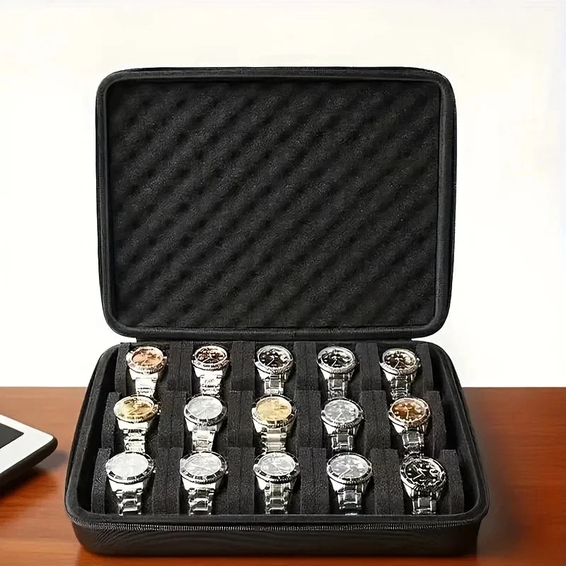 boîte rangement montres noir velours moderne 15 compartiments zipper 20cm 19cm 6.5cm