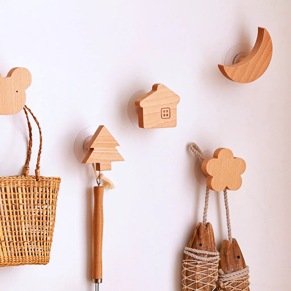 porte clefs animal minimaliste bois clair étoile lune chat lapin oiseau maison arbre crochet