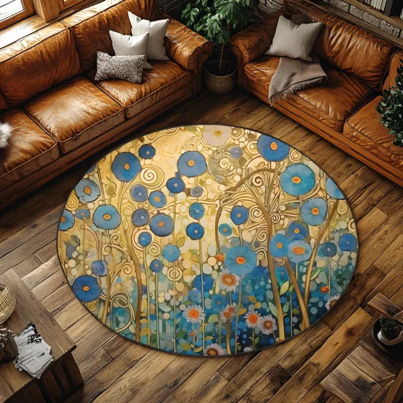 tapis rond arbre vie yin yang moderne bleu vert décoration chambre salon anti dérapant