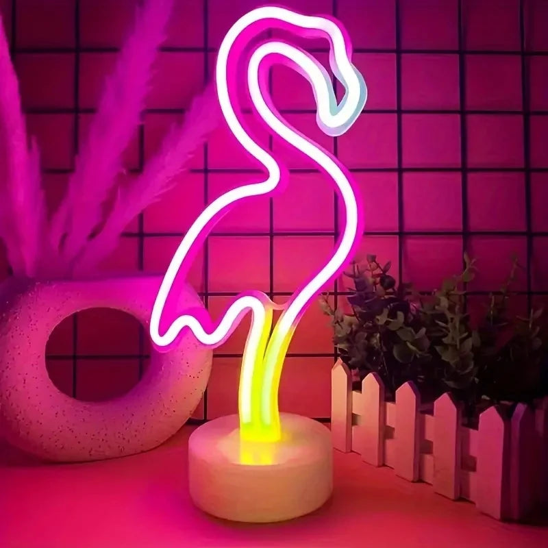 lampe néon flamant rose stylisé moderne interrupteur usb batterie vacances chambre deco