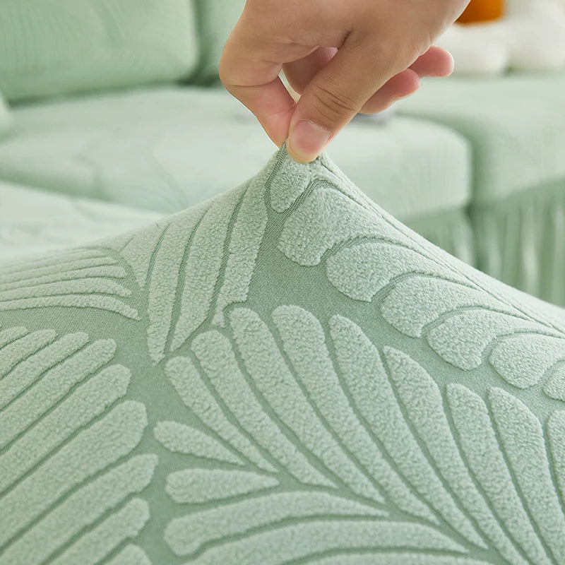 housse canapé jupe motif feuilles jacquard beige vert pastel oreillers assortis
