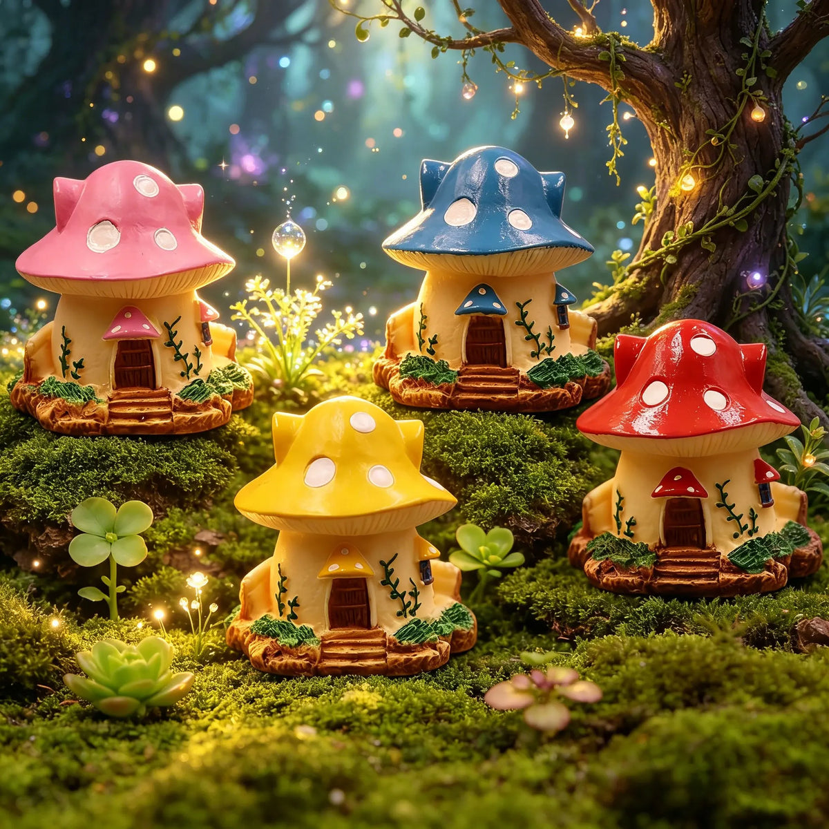 ornements résine maison champignon fleur jaune rouge bleu rose contes fées décoration micro jardin