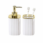 distributeur savon liquide porte brosses dents rayures verticales blanc beige vert foncé moderne élégant