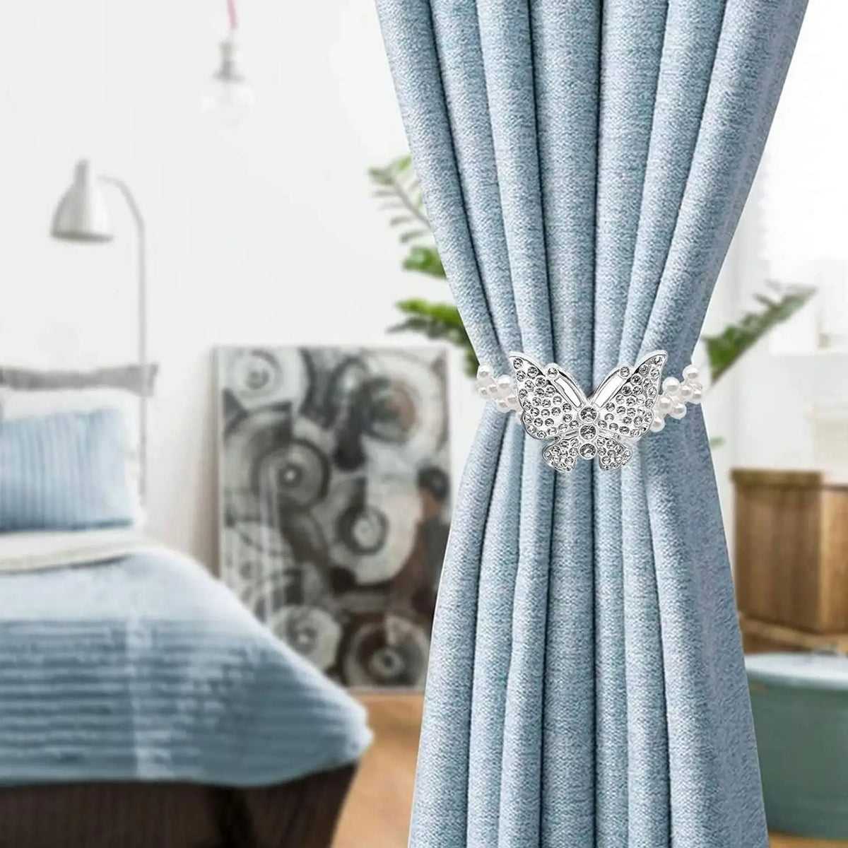 boucle rideau gris rose bleu doré papillon strassé blanches élégante décorative clip fixe