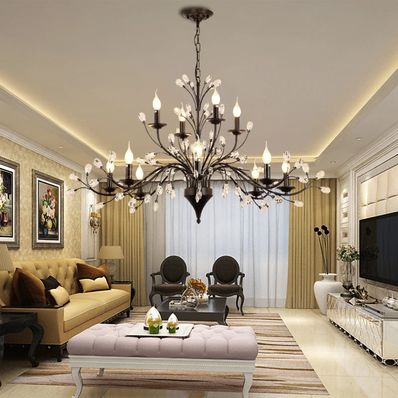 lustre led noir branches cristal contemporain élégant suspendu salon chambre