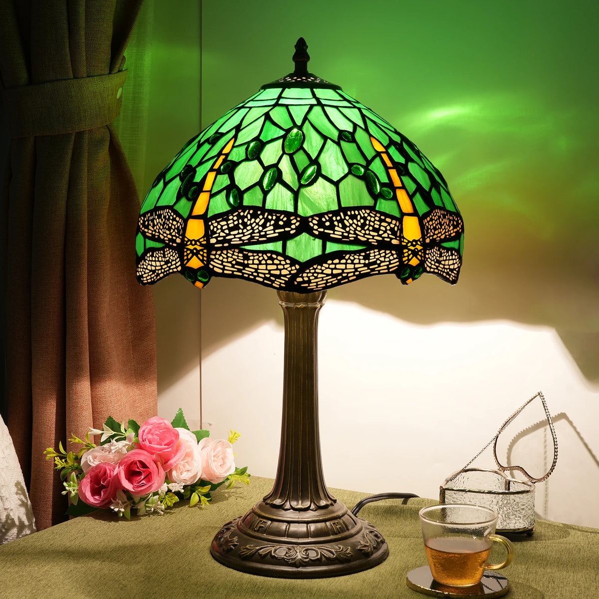 lampe table tiffany libellules vert bleu jaune tissage verre dépoli interrupteur alliage opacité 48cm