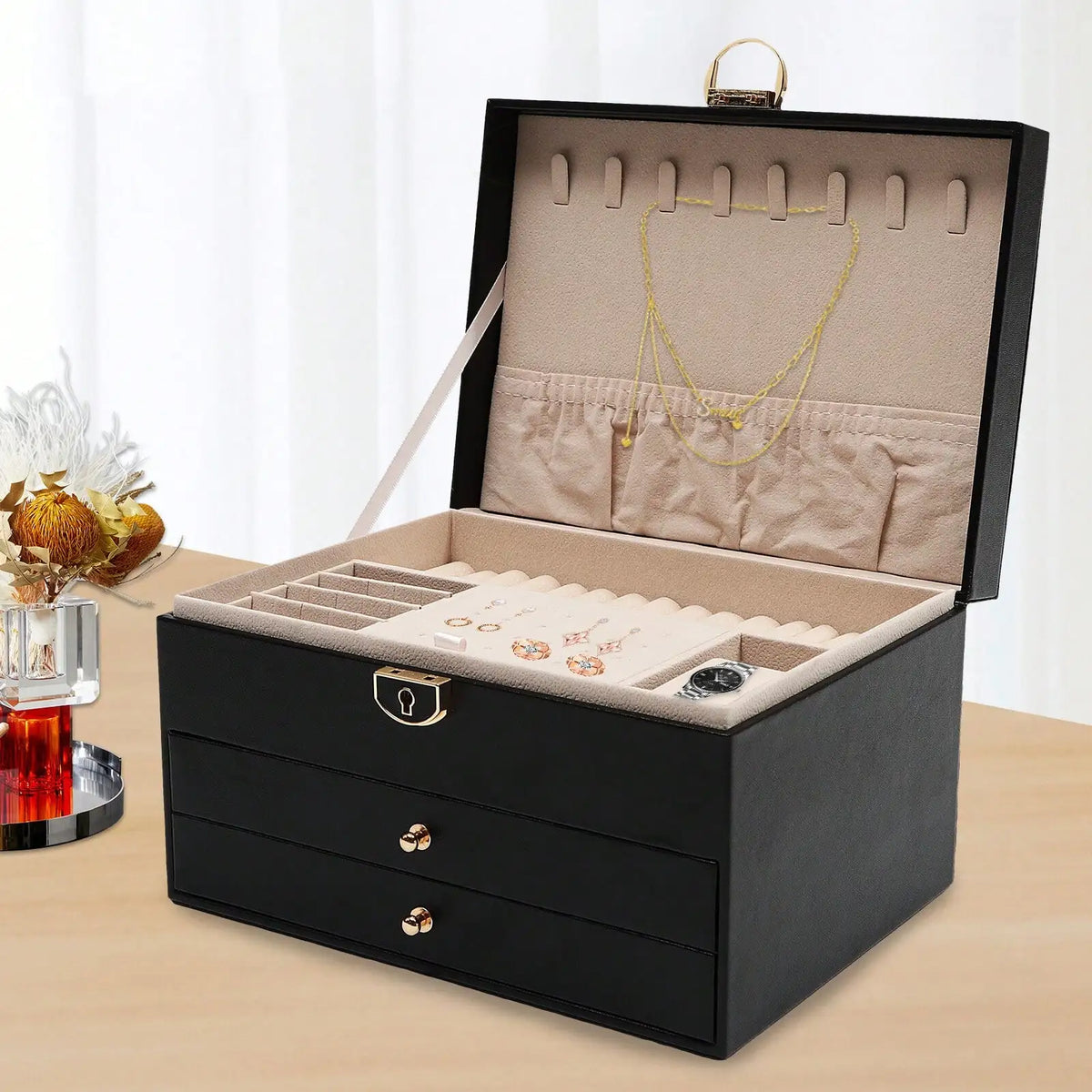 boîte bijoux cuir noir velours intérieur rangements classique poignées dorées bijoux organisation sécurité multifonctionnelle