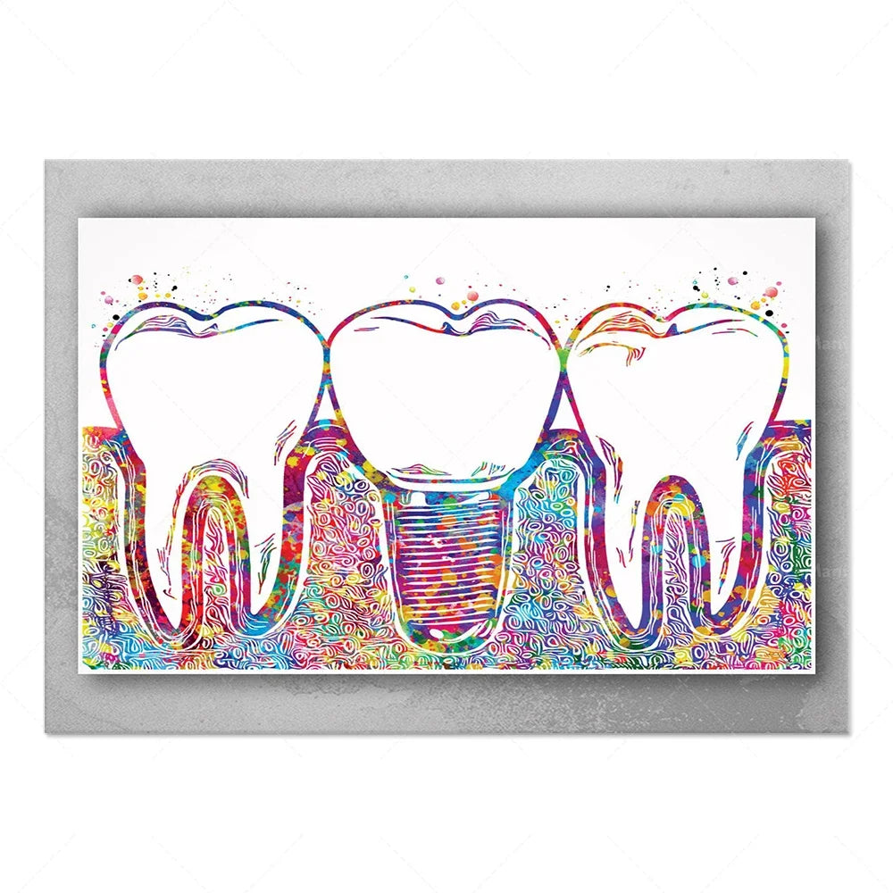 Une représentation colorée et abstraite de dents, évoquant la créativité et la diversité de la santé dentaire.