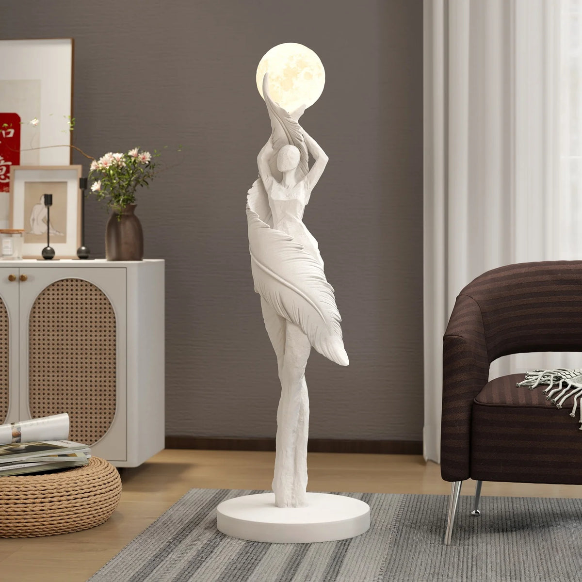 statue femme lune lampadaire moderne résine blanc noir bleu marron ondulé led minimaliste