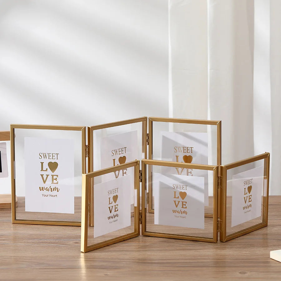 cadre photo or moderne triple transparent charnières papier motif cœur