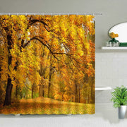rideau douche imprimé forêt automnale arbres jaunes oranges nature salle bain tringle rideaux