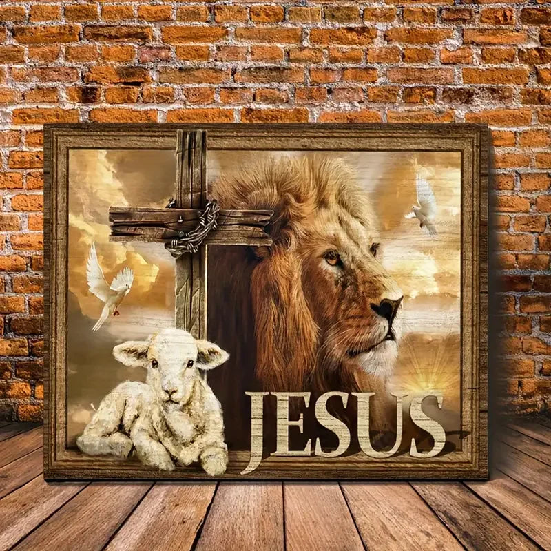 toile peinte lion agneau jesus religieuse salon chambre abstraite multicolore horizontal rectangle