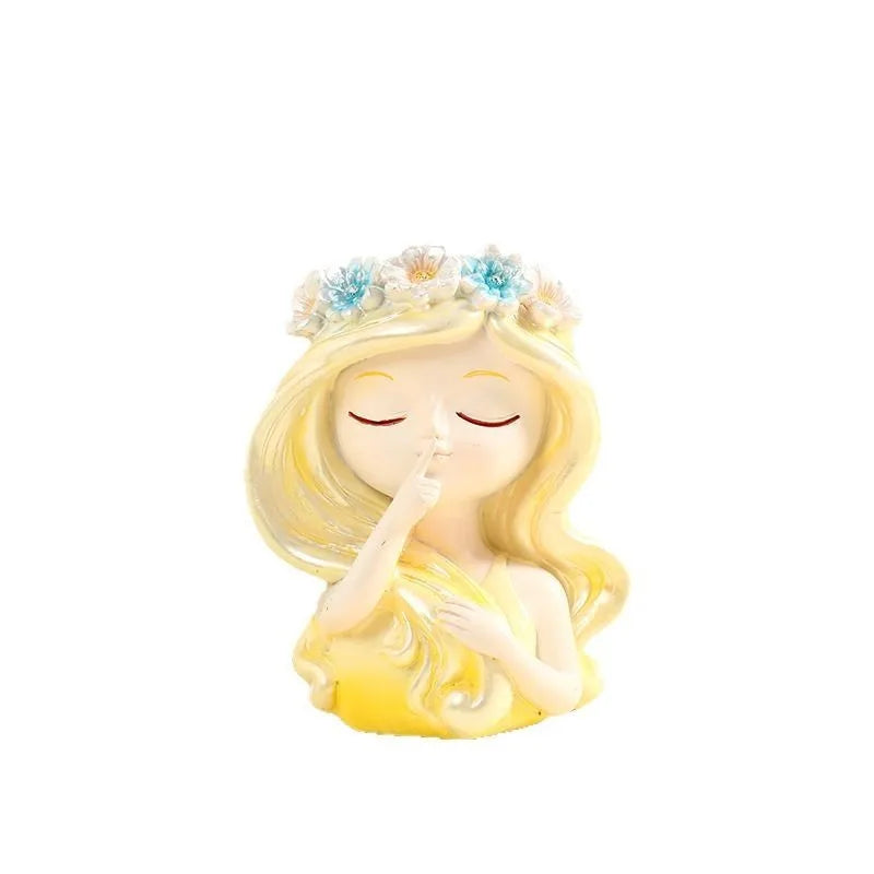 statuette articulée fleurs couronne cheveux ondulés blanc jaune bleu vert