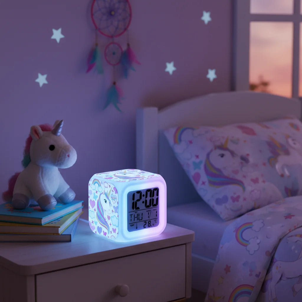 horloge veilleuse led licorne coeurs nuages étoiles arc ciel blanc moderne enfant
