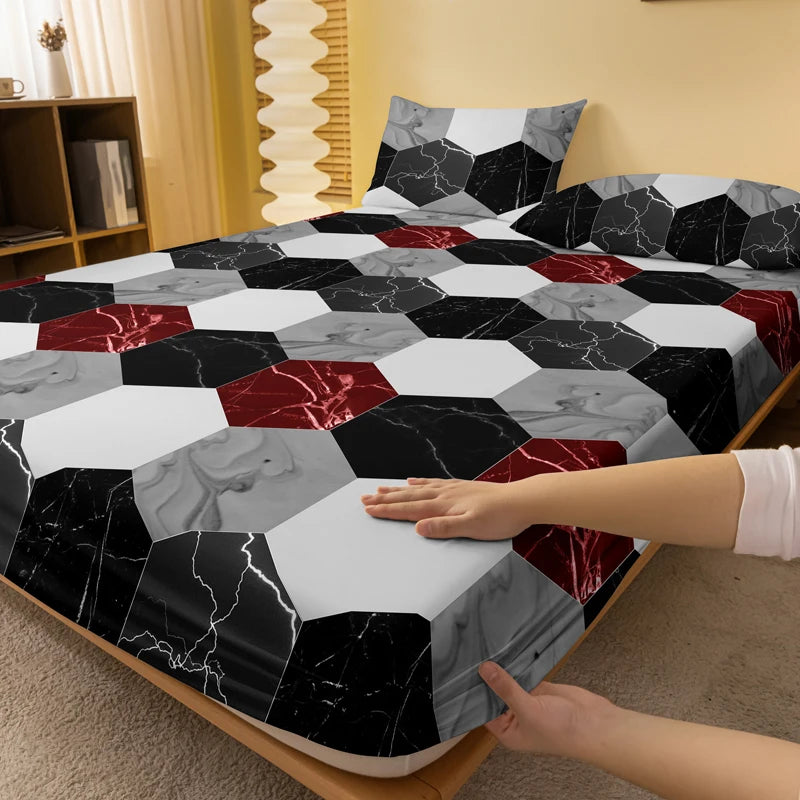 drap housse géométrique marbre moderne noir blanc rouge polyester lit