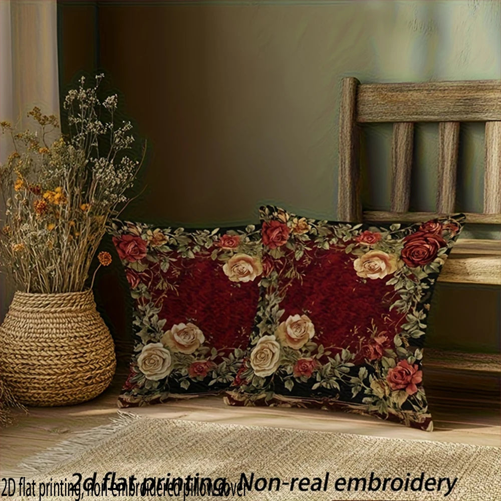 housses coussins motif roses vintage polyester peacheskin 40x40cm 45x45cm 50x50cm 60x60cm