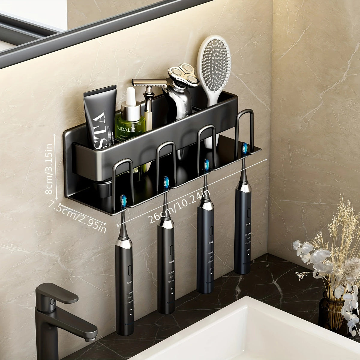 porte brosses dents adhésif moderne gris métallisé brosses lotions gels brosse toilette rasoir électrique