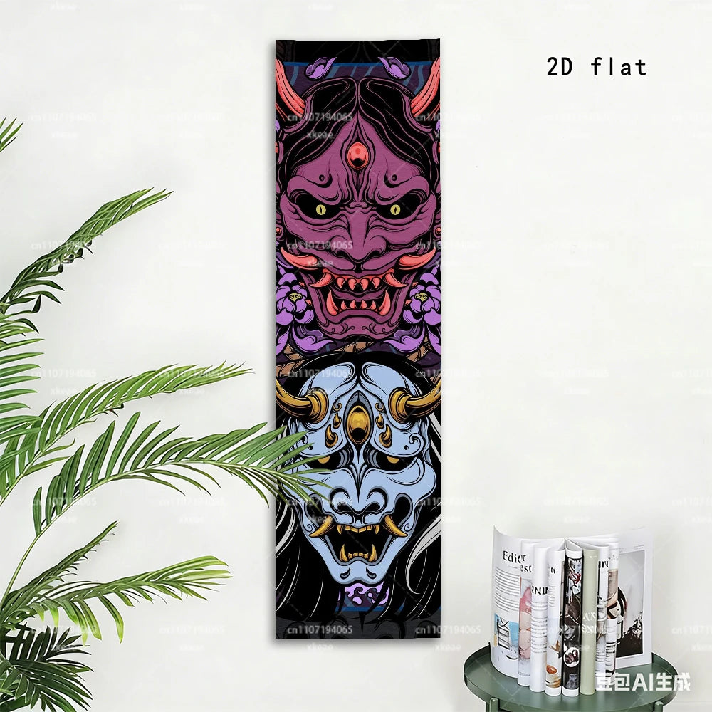 tapisserie japonaise masques traditionnels violet noir blanc or art contemporain 150cm 40cm
