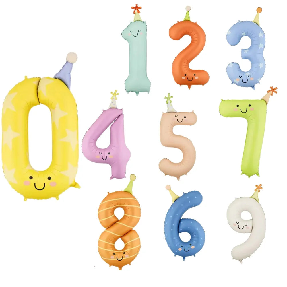 ballons numériques anniversaire enfantins orange jaune bleu rose blanc motifs étoiles points