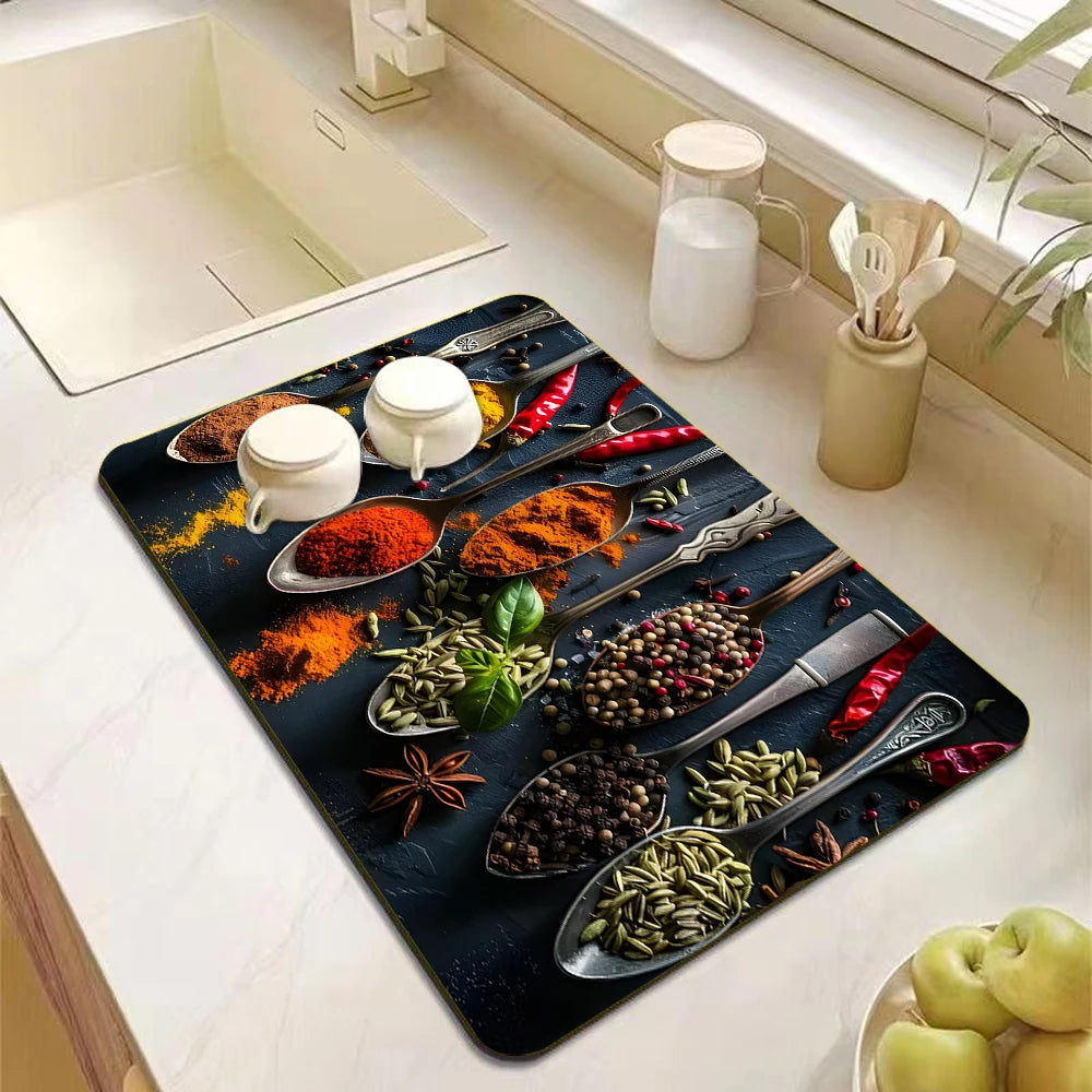 tapis cuisine moderne rectangle couleurs variées motifs floraux épices fruits légumes respectueux environnement