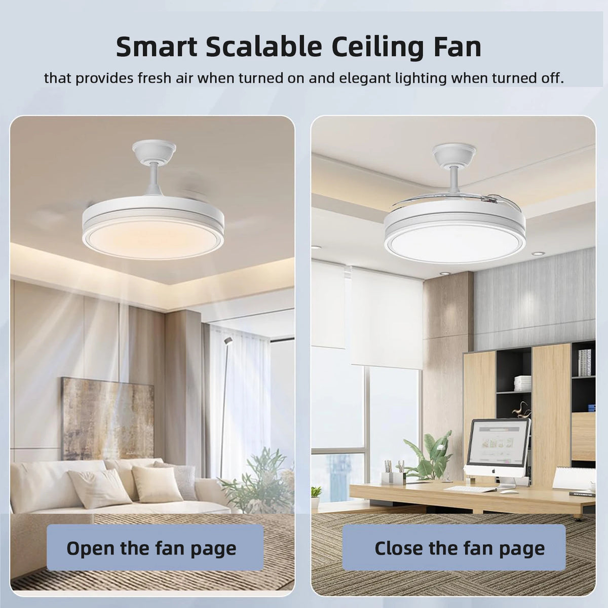 ventilateur rétractable blanc moderne lampe led vitesses télécommande minimaliste lumière variable pales invisibles