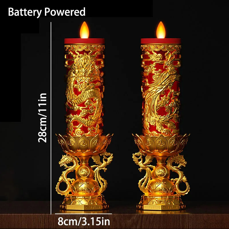 bougies led dragon or rouge artisanal traditionnel base ornée haute 26 cm