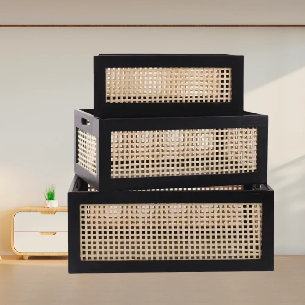 boîtes rangement rattan tressé noir beige modernes poignées grande taille organisation intérieure scandinave