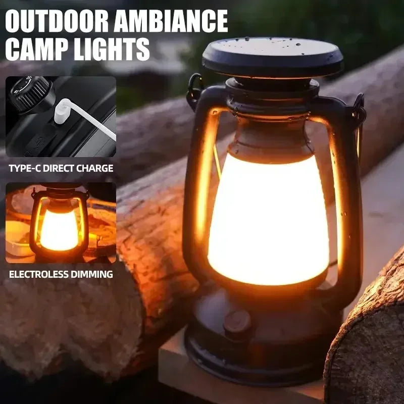 lampe led vintage camping suspension tringle métallique lumière blanche orangée noir atmo décorativeextérieurintérieur