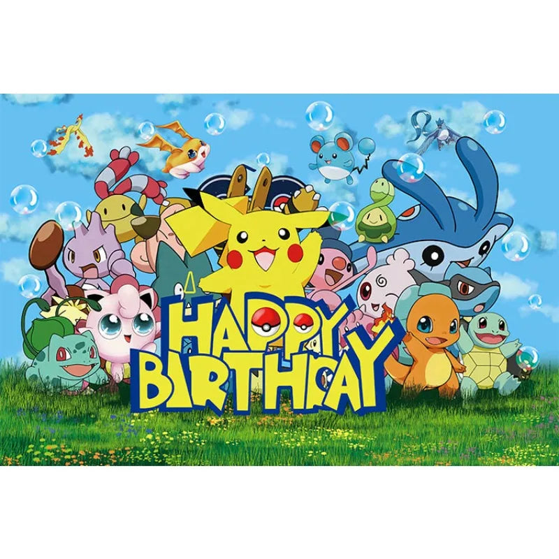 décoration anniversaire enfant pikachu happy birthday fond illustration vinyle poster Jaune Bleu