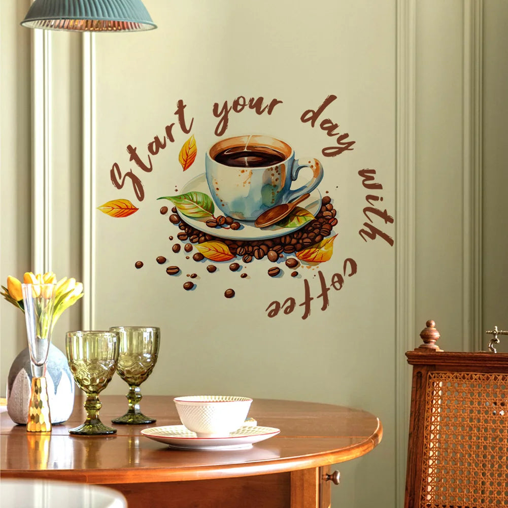 autocollant mural moderne tasse grains feuilles décoration murale adhésif opaque couleur marron beige vert