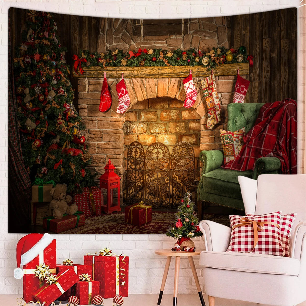 Décoration de cheminée avec tapisserie sapin de Noël rouge