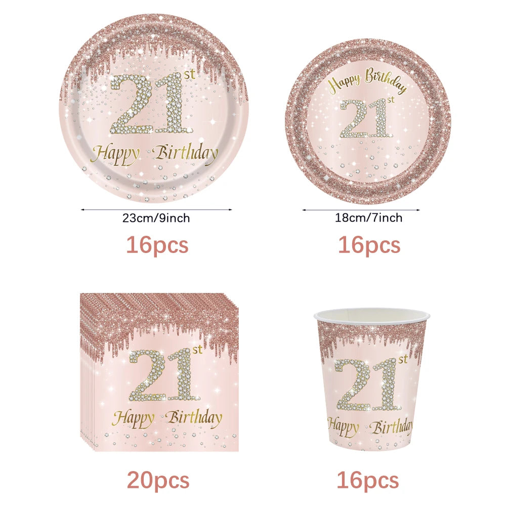 ensemble vaisselle jetable anniversaire rose gold assiettes serviettes gobelets pailles paillettes décoratif fête