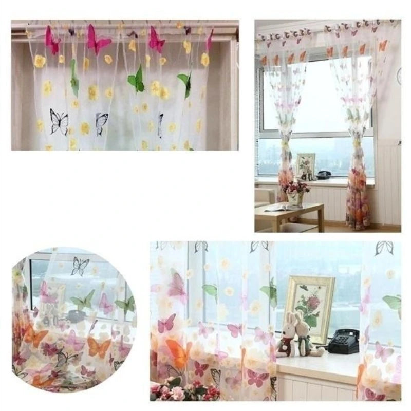 rideau fenêtre imprimé papillon transparent moderne floral métallique blanc jaune rose