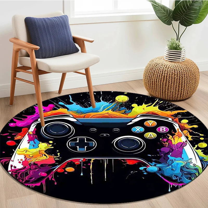 tapis rond imprimé contrôleur jeu coloré moderne polypropylène noir rouge bleu jaune vert salon